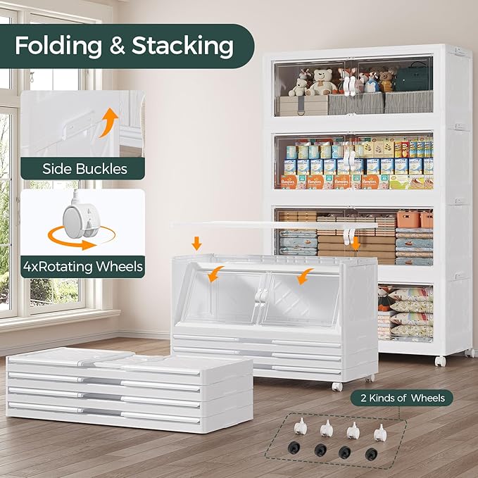 275Gal Stackable Storage Bins with Lid, 1100Qt Extra Large Collapsible Storage Box with Doors and Wheels, Plastic Closet Organizer and Storage Cabinet Drawer for Home Kitchen, 5Pack White