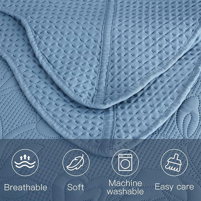 CHIXIN Oversized Bedspread Coverlet Set King Size - Lightweight Bedding Cover - Ultrasonic Quilting - 5 Piece Reversible Bedspread - Vintage Rose Pattern (King, Ashley Blue)