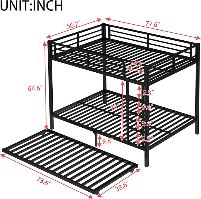 Upgraded Version Thicken Heavy Duty Metal Full Over Full Bunk Bed with Twin Size Trundle, Modern Style Stronger Full Size Bunk Bed Frame for Adults, Easy Assembly (Full)