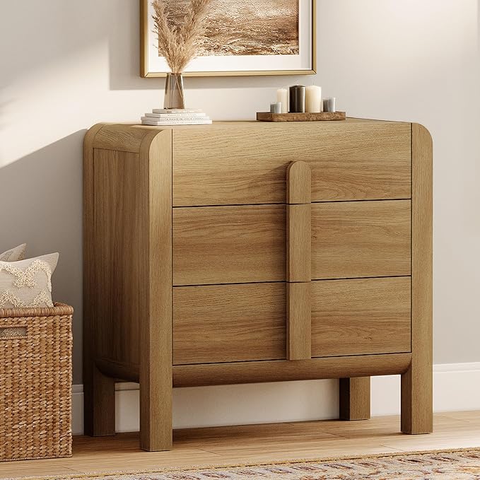 WAMPAT Modern 3 Drawer Nightstand, 31.5" Tall Nightstand with Large Chest of Drawers, Wooden Bedroom Dresser w/Curved Profile Design, End Table Bed Side Table for Bedroom, Living Room, Light Walnut