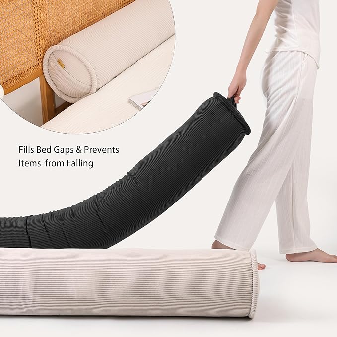 Long Pillow for Bed – Corduroy Round Bolster Pillow for Adults, Decorative Body Pillow for Sleeping or Sofa Support,39 x 7.87 Inches,Beige Gray