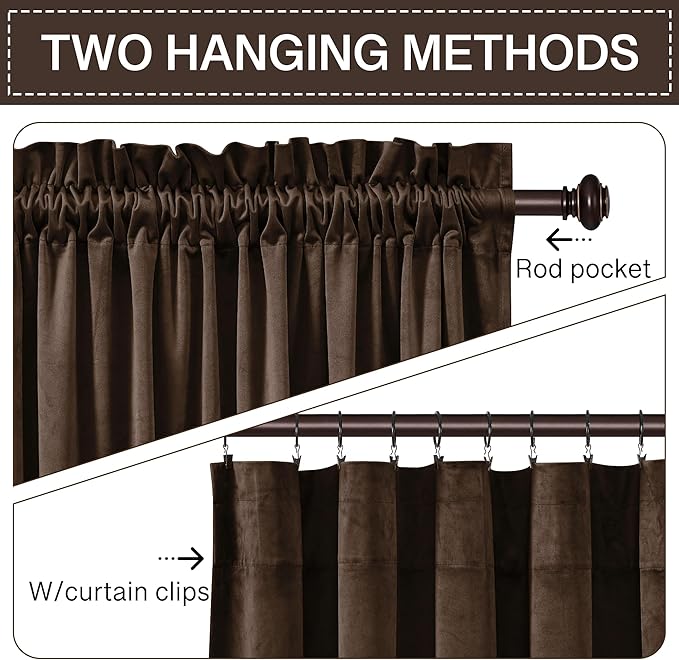 StangH Brown Velvet Curtains Luxurious Thermal Insulated Drapes for Living Room & Bedroom, Soft Noise Reducing Light Blocking Curtains Elegant Home Decor, W52 x L92, 2 Panels