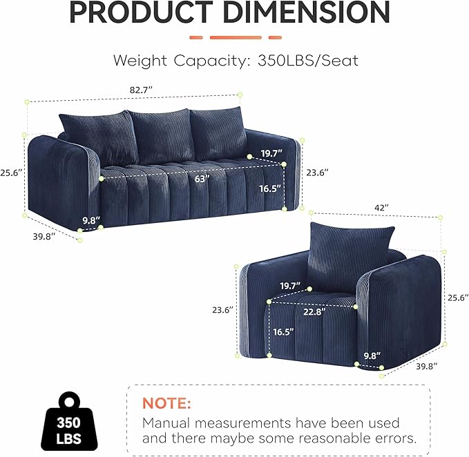 Corduroy Boneless Living Room Sets, Modern Upholstered 3 Seater Sofa with 2 Signle Accent Chairs, Comfy Deep Seat Cloud Sofa Couch Sets for Living Room, Navy