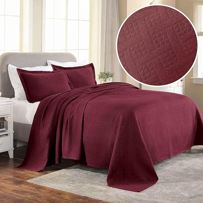 Superior 100% Cotton Basket Weave Bedspread with Shams, All-Season Premium Cotton Matelasse Jacquard Bedding, Quilted-Look Geometric Basket, Twin, Garnet