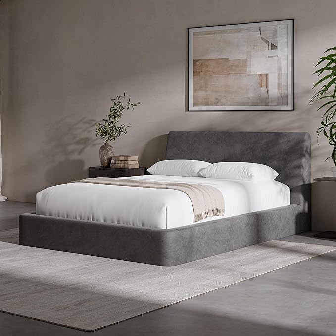 RECCI Cloud Full Size Bed Frame with Ergonomic Angled Foam Cushioned Headboard, Minimalist Design Platform Bed Frame, No Box Spring Needed, Easy Assembly (Moon Grey)