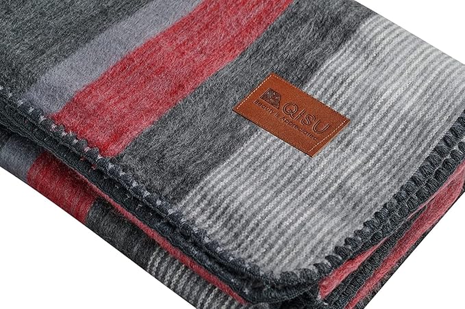 Qisu Alpaca Wool Blanket Throw | Queen, Beautiful, Warm, Stripes | 85 x 65 inches | Ultra-Soft, Hypoallergenic and Breathable | Non-Itchy or Scratchy Fabric (Red Grey Stripe)