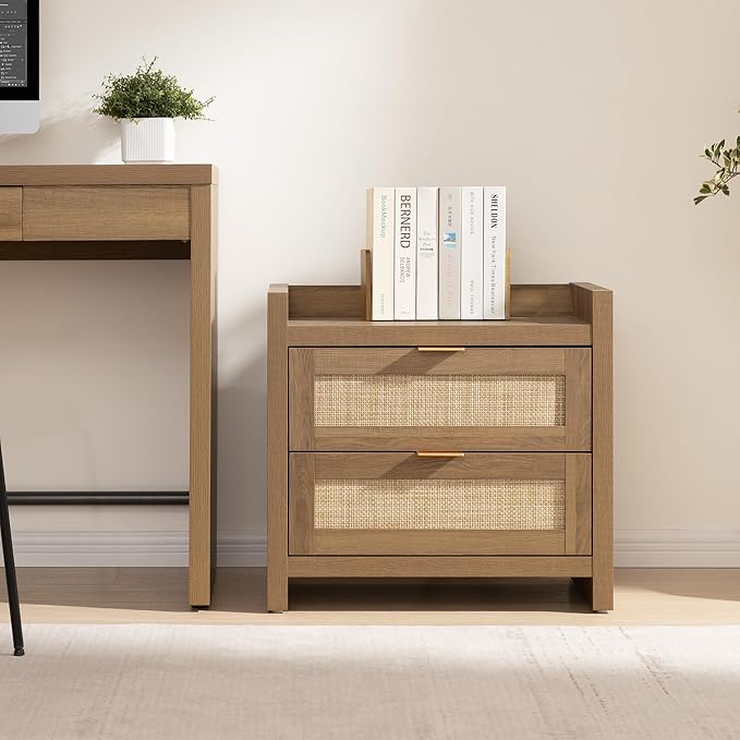 SICOTAS Rattan Nightstand End Table - Night Stand Bedside Table with Type-C Charging Station, 2 Drawers Storage - Boho Night Stands for Bedroom - Natural Oak