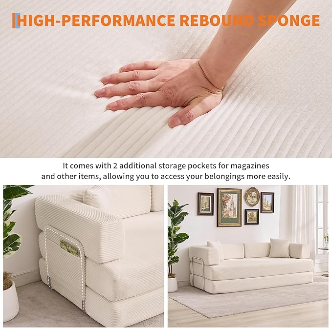 Garvee 5-in-1 Convertible Sofa Bed, 78.8" Modular Corduroy Sleeper with Sturdy Frame & No Assembly, Multi-Functional Futon for Small Space, Living Room & Guest Room (Beige)