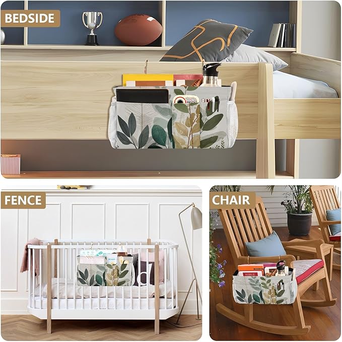 Bedside Caddy Hanging Bunk Bed Caddy Bed Organizer Hanging Pocket with 2 Hooks Bedside Storage Organizer Pocket Bag Holder Beige Boho Style Leaves