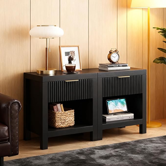 Nightstand Set of 2, Bed Side Table with Storage, Farmhouse End Table with 2 Drawers, Fluted Cabinet Bedside Cabinet for Bedroom Living Room Sofa Couch Office, Black Oak