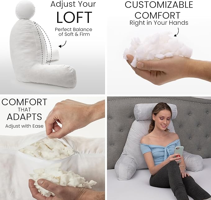 Husband Pillow XXL – Reading Pillow Bed Chair with Arms & Back Support – Light Grey - Back Pillow for Beds Sitting Up – Bed Rest Arm Pillow – Comfy Reading Pillow for Adults