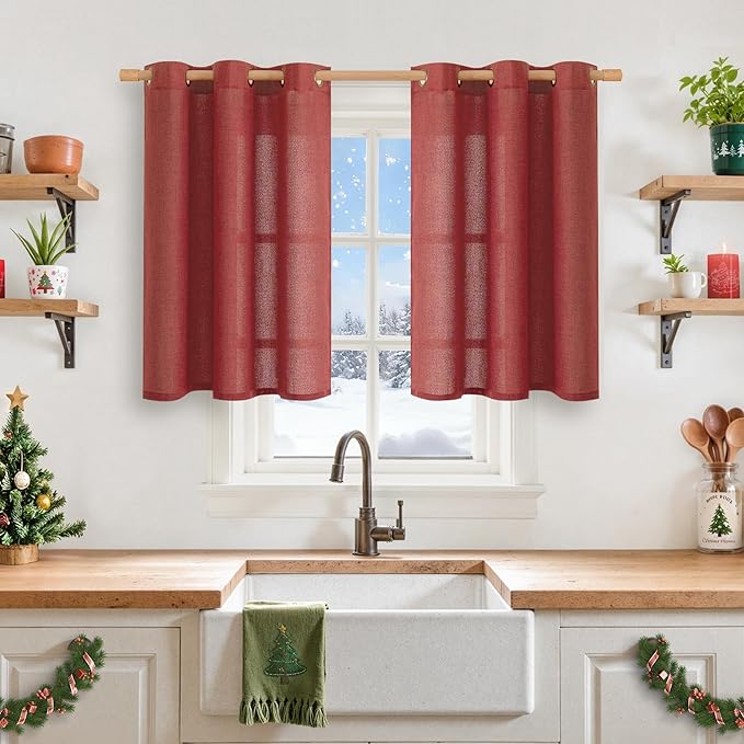 YoungsTex Red Linen Kitchen Curtains 36 Inch Length, Short Light Filtering Drapes Semi Sheer with Bronze Grommet Lightweight for Cafe Bathroom Window, 42 x 36 Inch, 2 Panels