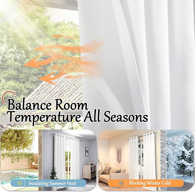 White Blackout Curtains for Living Room 90 Inch Length 2 Panels Set, Thermal Insulated Black Out Privacy Soundproof Grommet Farmhouse Linen Window Curtains for Bedroom Darkening, Each 52”Wide