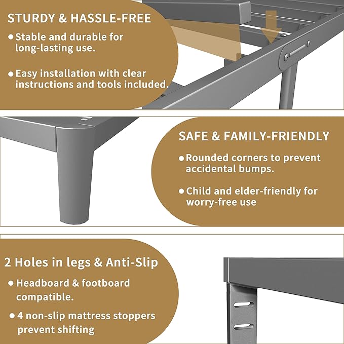 ITIMIDI 10 Inch Twin Size Bed Frames, Platform Bed with Metal Gaskets, Metal Bedframe No Box Spring Needed, DIY Headboard, Anti-Slip Mattress Stopper, Round Corner Leg, Easy Assembly, Black