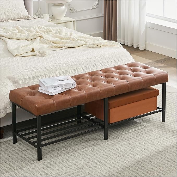 55.5" End of Bed Bench, Modern Leather Button Tufted Bedroom Bench, Upholstered Storage Shoe Bench with Metal Base, Dinning Table Bench for Living Room, Bedroom, Entryway,Brown