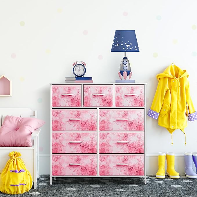 Sorbus Kids Dresser with 9 Drawers - Furniture Storage Chest Tower Unit for Bedroom, Hallway, Closet, Office Organization - Steel Frame, Wood Top, Tie-dye Fabric Bins (Pink, Tie-dye)