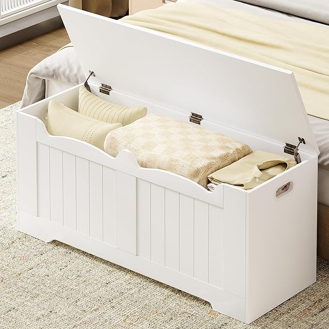 Hzuaneri 43.3" Storage Chest, Extra Large Storage Trunk with 2 Safety Hinges, Lift-Top Bench Box, Wooden Chest Organizer, Shoe Bench for Entryway, Bedroom, Living Room, White SB25503X