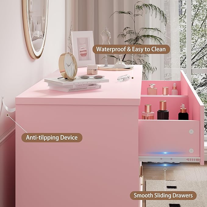 Dresser for Bedroom, 6 Drawer Wide Modern Chest of Drawers with X-Shaped Sturdy Base, Wood Double Dresser Closet Clothes Storage Organizer, Wooden TV Stand for Living Room, Hallway, Pink