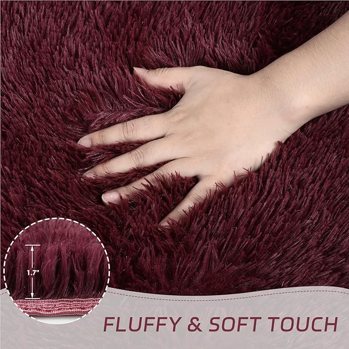 duduta Burgundy Plush Rugs for Bedroom 3x5 ft, Fluffy Shag Rug for Dorm Nursery Bedside, Machine Washable Non Slip
