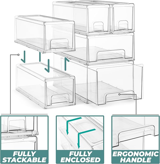 Sorbus Small Clear Stackable Storage Drawers – 2-Pack Plastic Organizer Bins with Handles – Stackable Pull-Out Storage Drawers for Closet, Pantry, Office, Bathroom, Craft, and Toy Organization