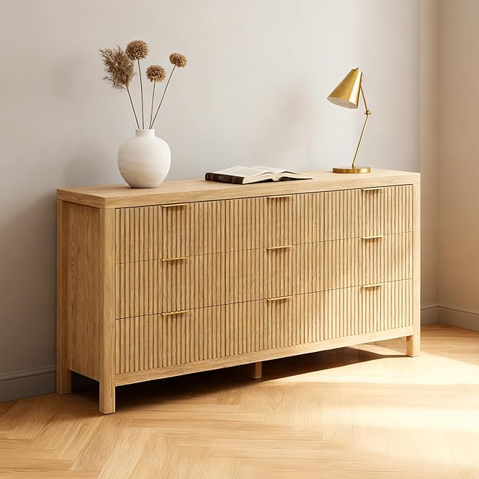 ZXSHD 9 Drawers, Modern Large Chest Mid Century Modern Dresser TV Stand, Storage Organizer Dresser with Solid Natural Wood Legs for Bedroom, Living Room, Hallway, Natural Oak