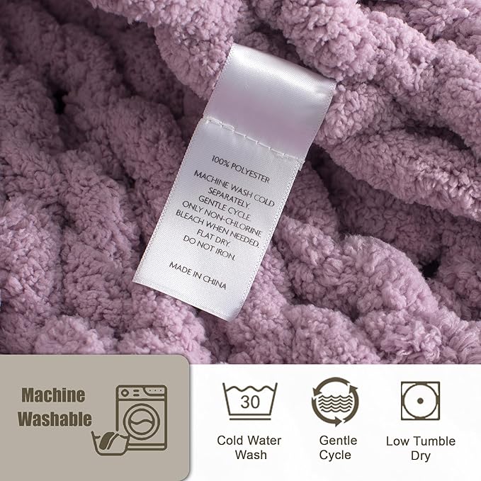 Chunky Knit Throw Blanket 60"X 80", 100% Handmade with Soft Chenille Yarn, 4.4lbs Thick Cable Knitted Blankets, Large Rope Knot Crochet Throws for Couch Sofa Bed Home Decor, Purple