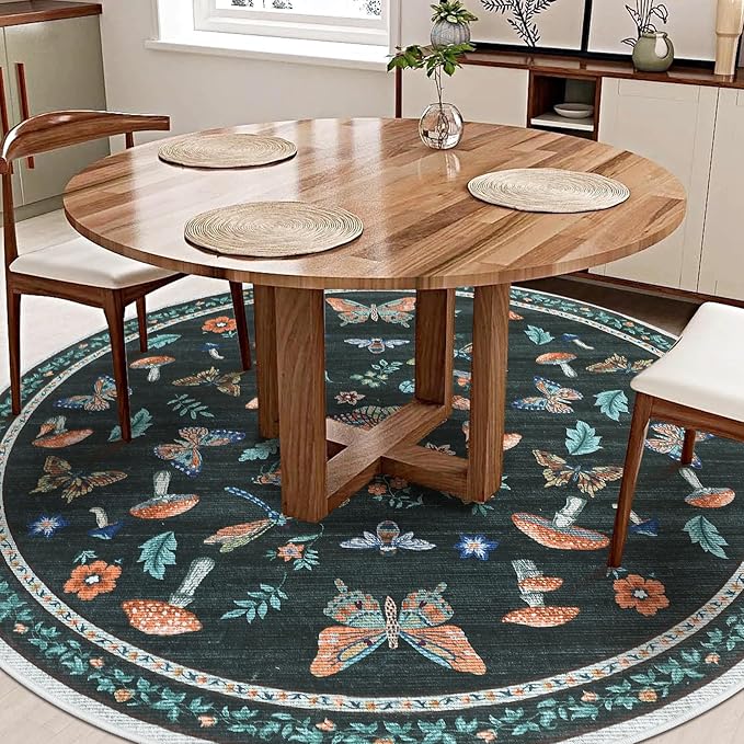 Mushroom Insect 6ft Round Rug Washable Non-Slip Soft Ultra-Thin Boho Circle Carpet for Living Room Bedroom Kitchen Nursery Dining Room Black