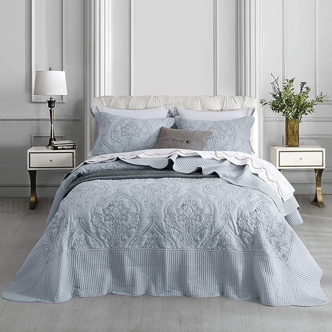 CHIXIN Bedspread Coverlet Quilt Set Full Size - Lightweight Bedding Cover - Beautiful Stitching - 5 Piece Reversible Bedspread - Gorgeous Damask Paisley Pattern (Full, Light Grey)