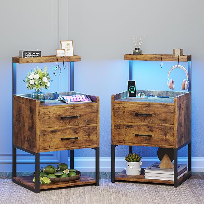 VIAGDO Nightstands Set of 2 with Charging Station, LED Night Stand with 2 Drawers, Rustic Brown Modern Bedside Tables with Open Storage Shelves, End Side Tables for Bedroom, Office
