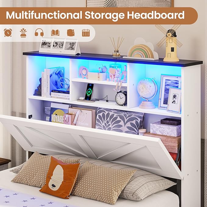 VIAGDO Farmhouse Bed Frame Twin Size with Bookcase Storage Headboard, Charging Station and LED Lights, Wooden Twin Bed Frames with 4 Drawers, Barn Door Design, No Box Spring Needed, No Noise, White