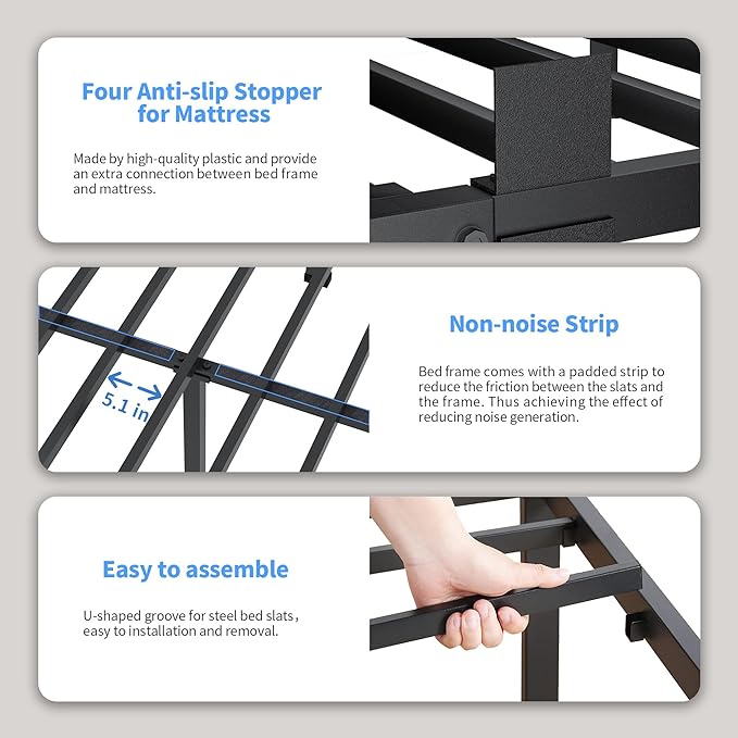 ROIL 12 inch Full Size Bed Frame with Headboard Hole and Round Corner Legs Mattress Retainers 3500LBS Heavy Duty Steel Slats No Box Spring Needed Platform Noise-Free Underneath Storage