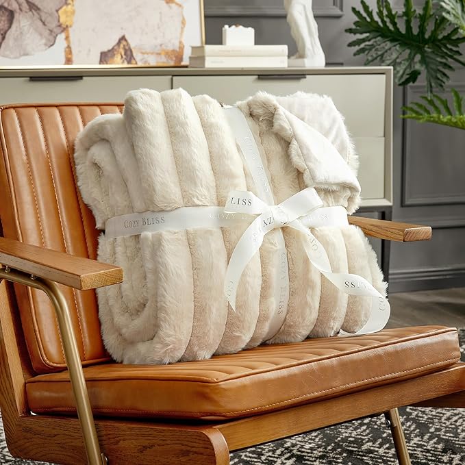 Cozy Bliss Faux Fur Throw Blanket for Couch, Cozy Warm Plush Striped Blanket for Sofa Bedroom Living Room, 108 * 90 Inches Beige