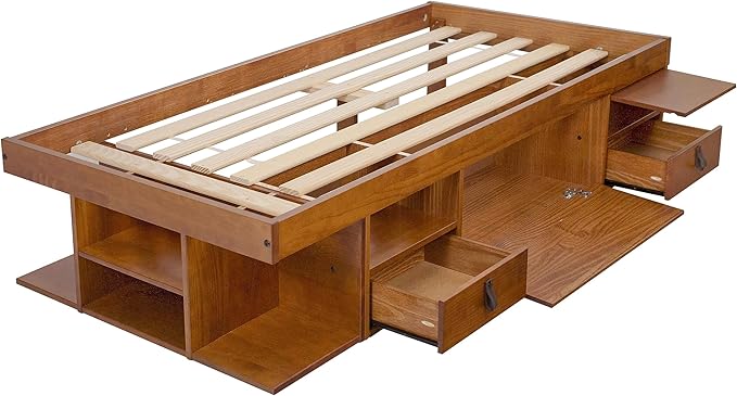 memomad Bali Storage Platform Bed with Drawers (Twin Size, Oak Brown Wood)