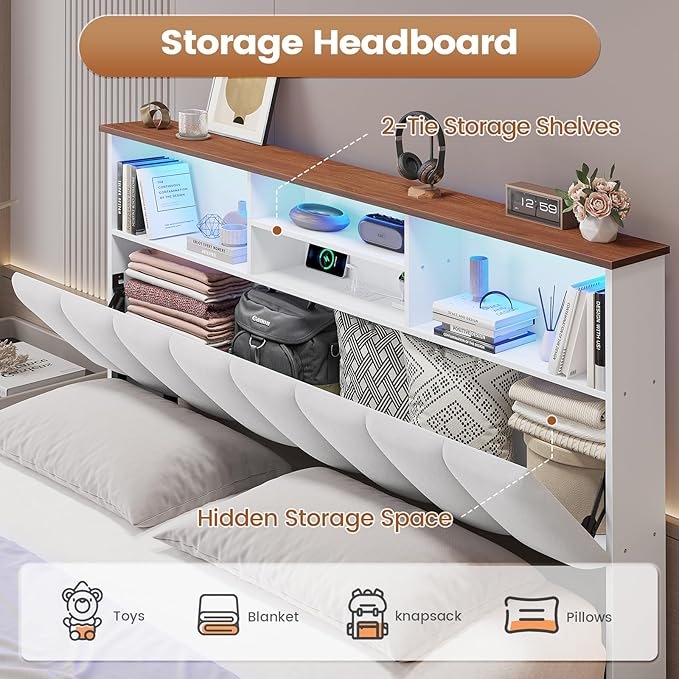 AOGLLATI Queen Bed Frame with Stylish Bookcase Headboard & Charging Station & LED Lights,Queen Size Bed Frame with 4 Drawers, Metal Slats, No Box Spring Needed,White