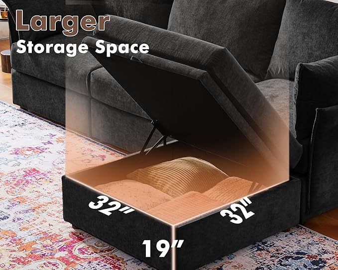 ABCASA 134.6" Oversized Modular Sectional Sofa, 6 Seater U Shaped Couch with Storage Ottoman with Reversible Chaise Deep Seat for Living Room, Apartment - Chenille Black