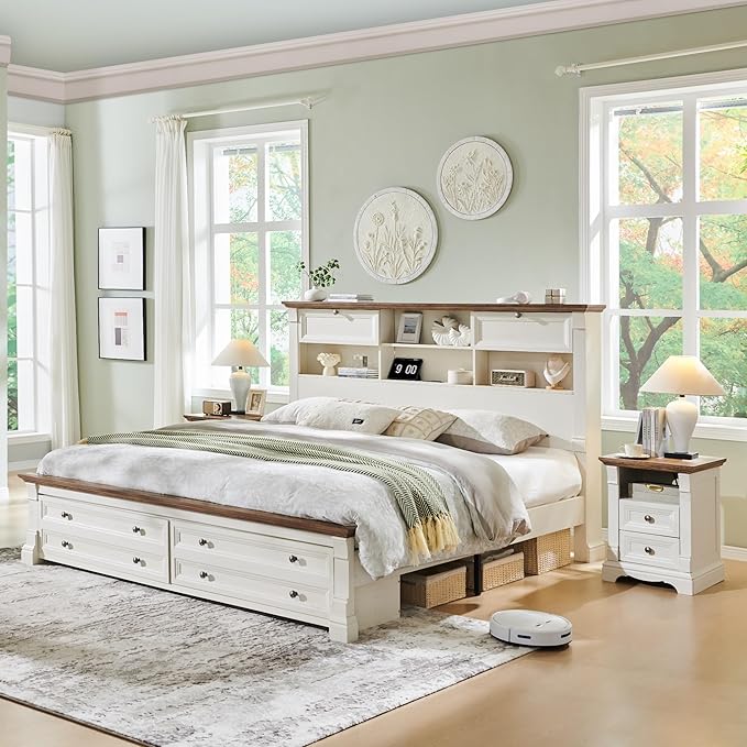 T4TREAM Farmhouse King Size Bed Frame with 54" Tall Headboard, Wood Platform Bed Frame with 18" Tall Roman Column Decoration Footboard & 2 Large Storage Drawers, No Box Spring Needed(Antique White)