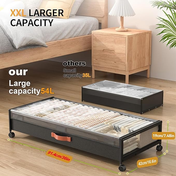 Under Bed Storage Containers With Wheels 54L Large Underbed Shoes Blankets Clothes Toy Storage Drawers For College Dorms Bedrooms Nursery Rooms Organization… (Black 2 Pack, XXL(36"x16.6"x7.28"))