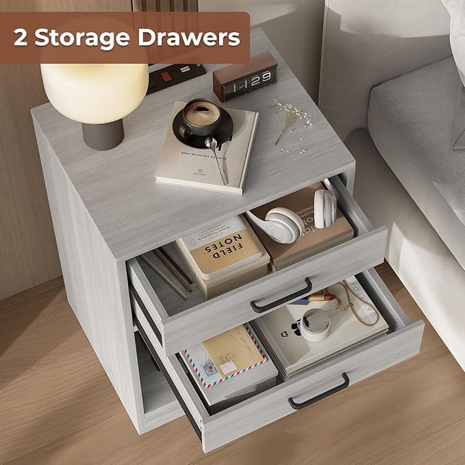 ADORNEVE Nightstands Set of 2,Grey Nightstand with Charging Station & Drawers,Night Stands for Bedrooms Set of 2