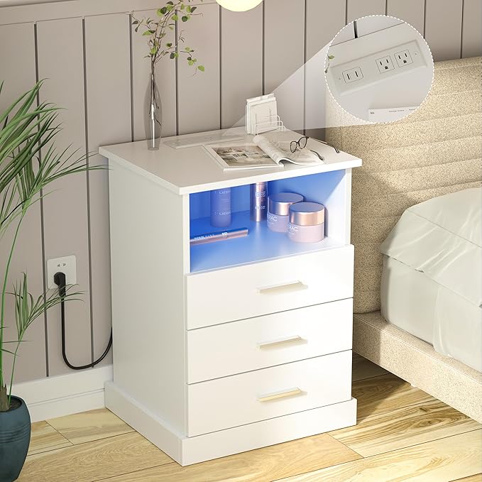 Halitaa Nightstand with Charging Station, LED Lights Side Table with 3 Drawers, End Table for Bedroom Office White