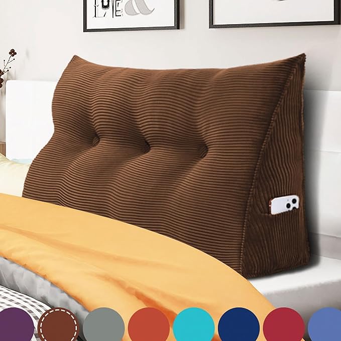 WOWMAX 100% Cotton Corduroy Headboard Pillow – Twin Size Back Support Reading Wedge for Bed & Daybed, Plush Handmade Bolster Cushion with Removable Cover, Cozy Bed Rest Pillow, Coffee