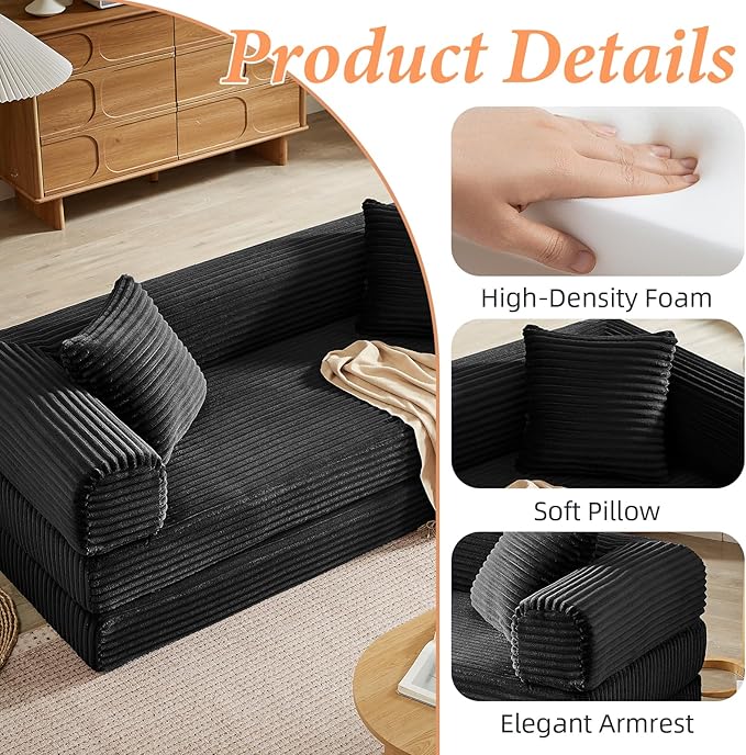 Convertible Futon Sofa Bed, Fold Out Floor Sofa Couch with Sleeper Sofa,Folding Boneless Couches with Deep Seat,Cloud Corduroy Foldable Mattress Couch for Living Room (Black)