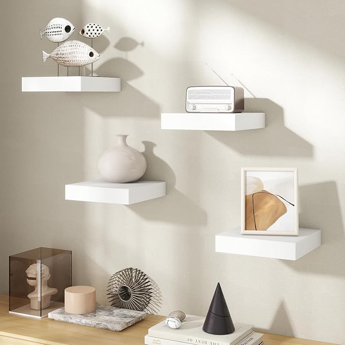 Axeman Square Floating Shelves for Wall, 8" W x 8" D x 1.4" H Rustic Wooden Shelves, 4 Pack Wall Mounted Floating Shelf with Invisible Brackets for Living Room, Bathroom, Kitchen, White Color