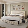 Keyluv Queen Upholstered LED Bed Frame with 4 Drawers, Velvet Platform Storage Bed with Adjustable Button Tufted Headboard and Solid Wooden Slats Support, No Box Spring Needed, Beige