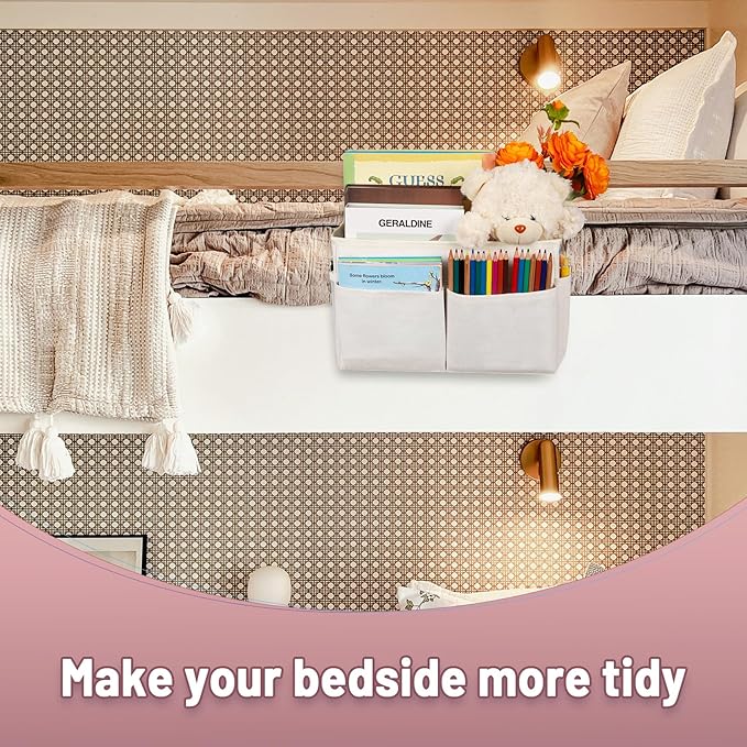 Bedside Storage Organizer 5 Pockets with 4 Hooks Hanging Storage Bag for Headboards/Bunk Bed (White)
