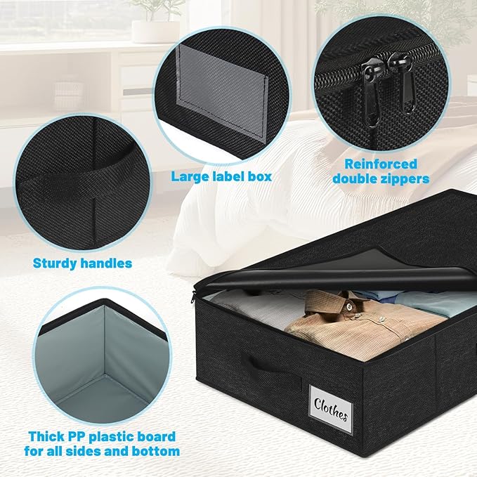 Under Bed Storage Container Bins 2 Pack, Low Profile Foldable Underbed Clothes Storage Organizer W/ Ultra Thick Fabric and Sturdy Bottom/Sides, Dual Zipper Storage Box for Dorm and Home 30x16x6.7"