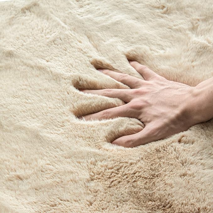 Camel Washable Shag Area Rugs for Living Room Small Plush Faux Bunny Shaggy Fur Round Rugs 4ft Cute Room Nursery Rug