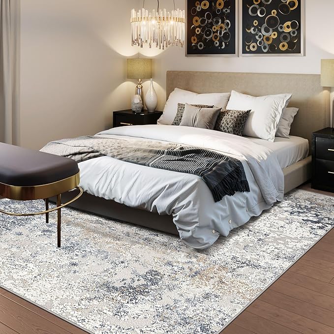Square Area Rug Living Room Rugs - 8x8 Washable Large Soft Indoor Neutral Modern Abstract Low Pile Rug Carpet for Bedroom Dining Room Farmhouse Home Office - Beige Blue