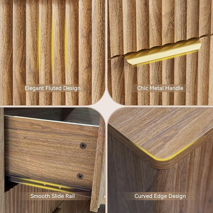 CARPETNAL Fluted 8 Drawer Dresser for Bedroom, 55" Wide Wooden Chest of Drawers with Rounded Corners, Gold Handles, Modern Storage Organizer for Bedroom, Hallway(Walnut)