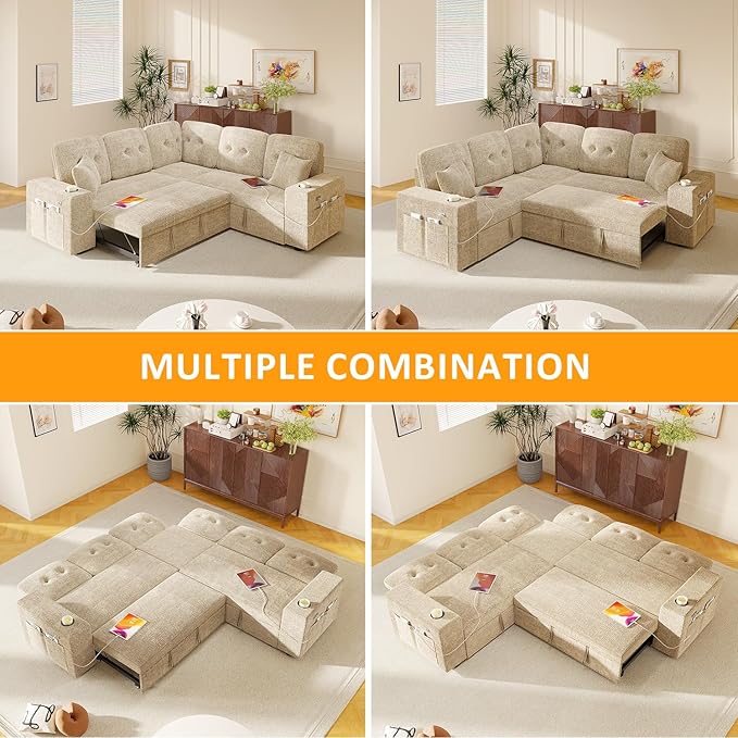 Modular Sectional Sleeper Sofa with Pull Out Bed, L Shaped 5 Seat Sectional Couches for Living Room, 84 Inch Sofa Bed with Adjustable Backrest | Hidden Storage | Wide Armrest | Khaki
