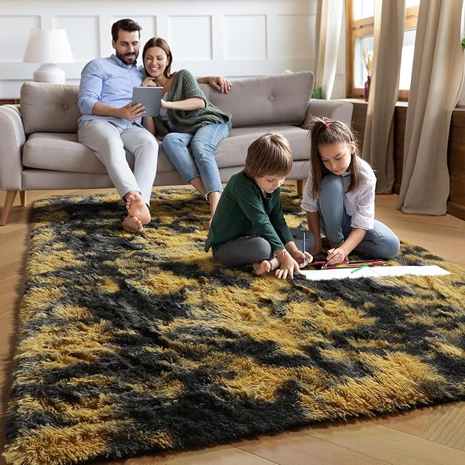 PAGISOFE Black and Yellow Fluffy Shag Area Rugs for Bedroom 5x7, Soft Fuzzy Shaggy Washable Rugs for Living Room, Plush Rug for Kids Room Furry Boys Carpet for Teen Dorm Black Room Decor Dark Yellow